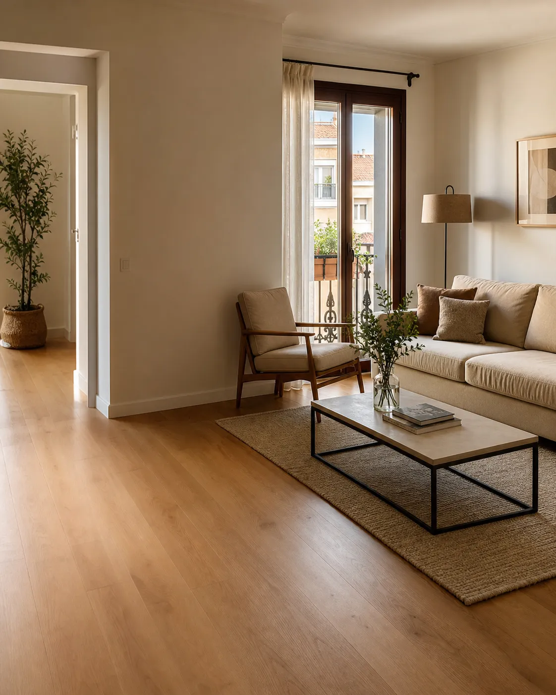 Salón luminoso de una vivienda residencial, con sofá, sillón, mesa de centro y balcón con vistas a un edificio urbano